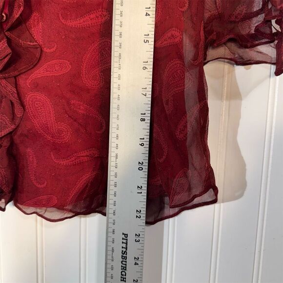 ICE Red Silk Paisley Sheer Bell Sleeve Ruffle Blouse M Y2K Romantic Boho Fairy - Picture 6 of 8